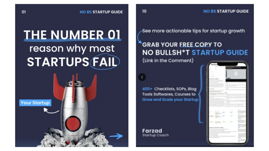 Carousel first and last slides: a hook about why startups fail, then a CTA for the free startup guide