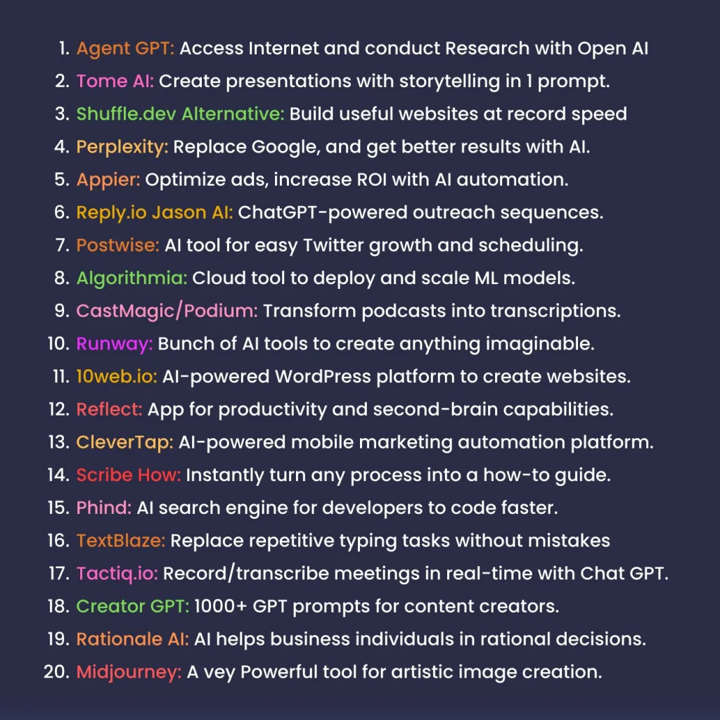 LinkedIn value post listing 20 AI tools with one-line descriptions, from Agent GPT to Midjourney