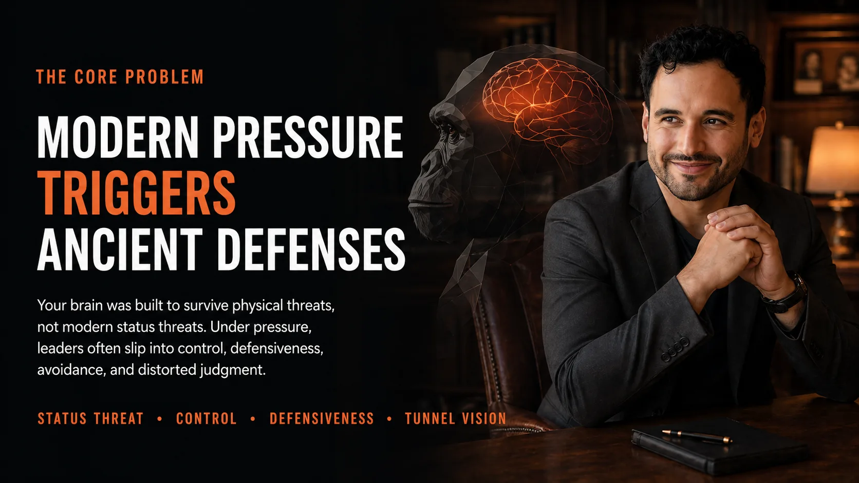 Modern pressure triggers ancient defenses in leaders, including status threat, control, defensiveness, and tunnel vision
